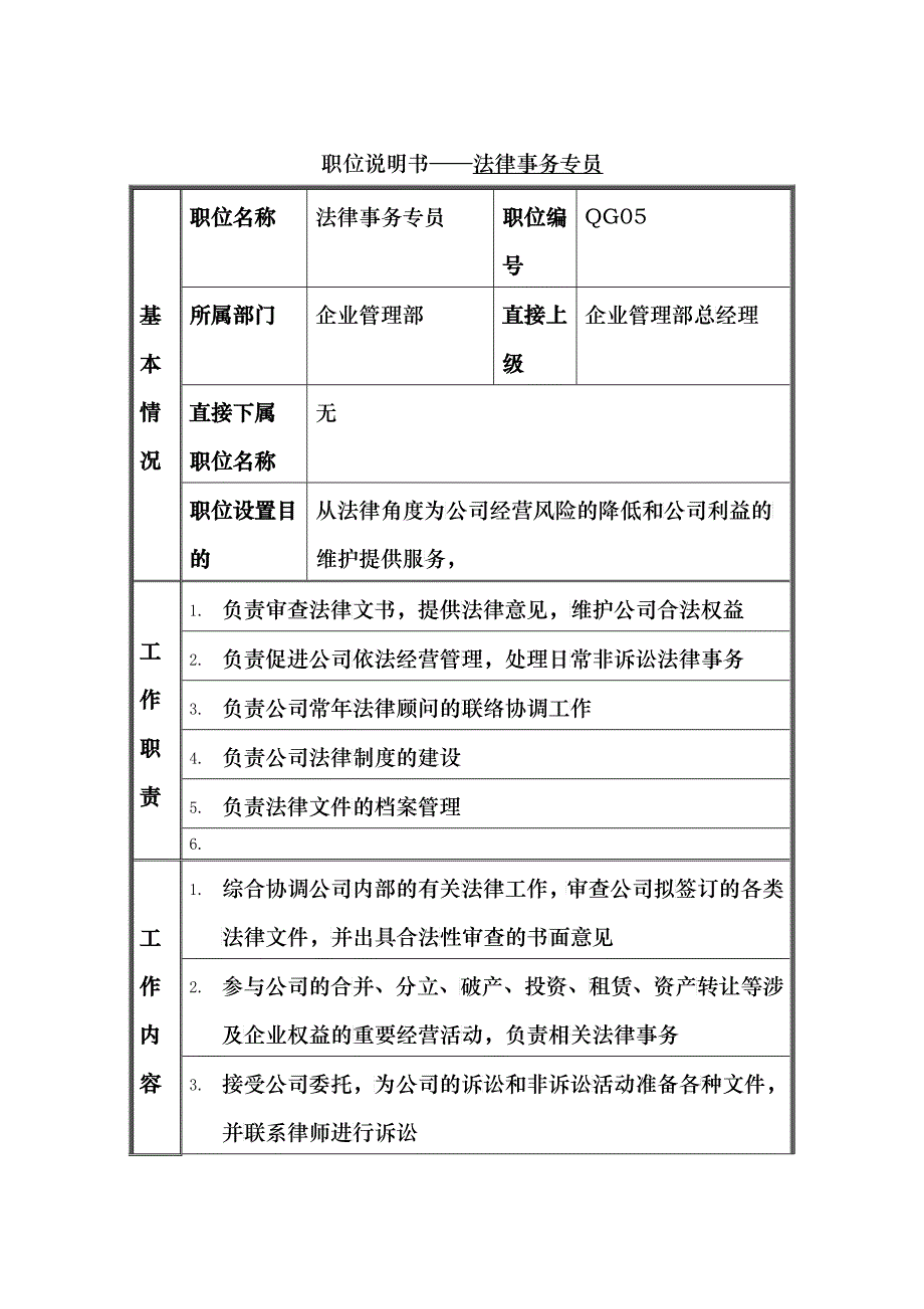 岗位说明书——法律事务专员_第1页