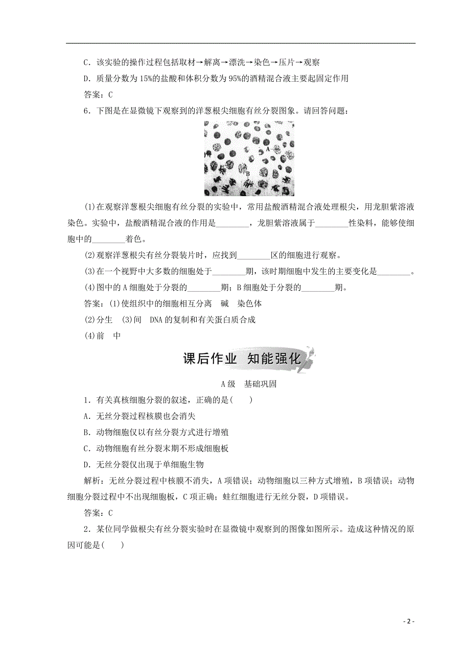 高中生物第六章细胞的生命历程第1节第2课时动植物细胞有丝分裂的区别和观察根尖分生组织细胞的有丝分裂检测新人教版必修10829474_第2页