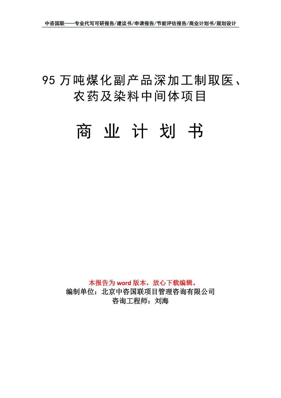 95万吨煤化副产品深加工制取医、农药及染料中间体项目商业计划书写作模板_第1页