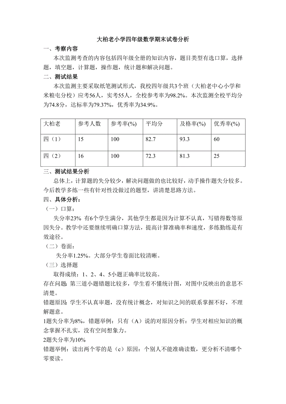 大柏老小学四年级数学期末试卷分析_第1页