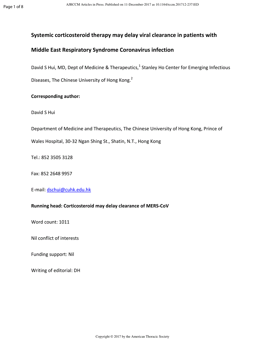 【病毒外文文献】2017 Systemic Corticosteroid Therapy May Delay Viral Clearance in Patients with Middle East Respiratory Syndrome Coronav_第1页