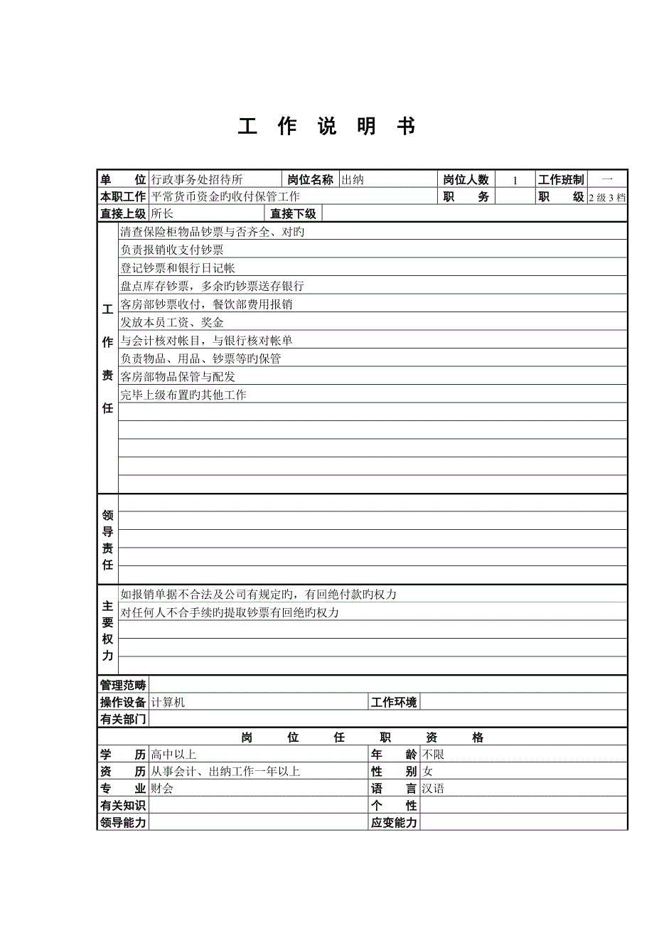 行政事务处招待所出纳职务专项说明书_第1页