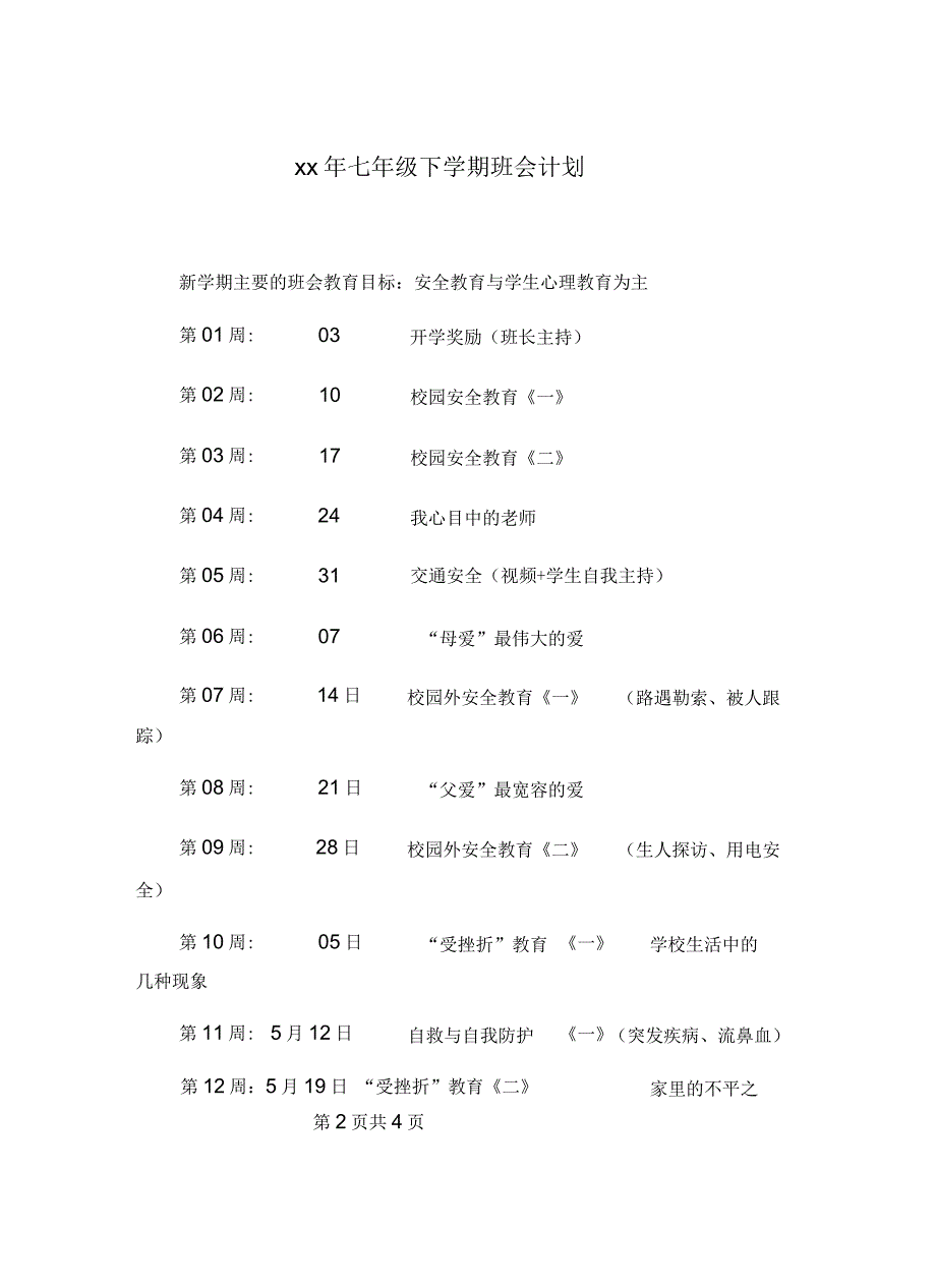 2021年七年级下学期班会计划_第2页