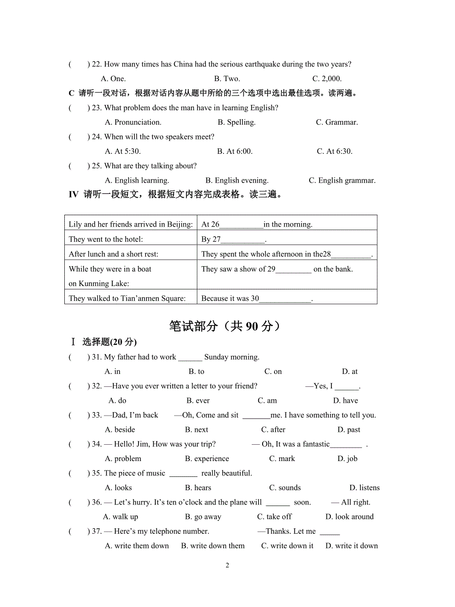 2011八年级英语（上）段考测试卷2_第2页