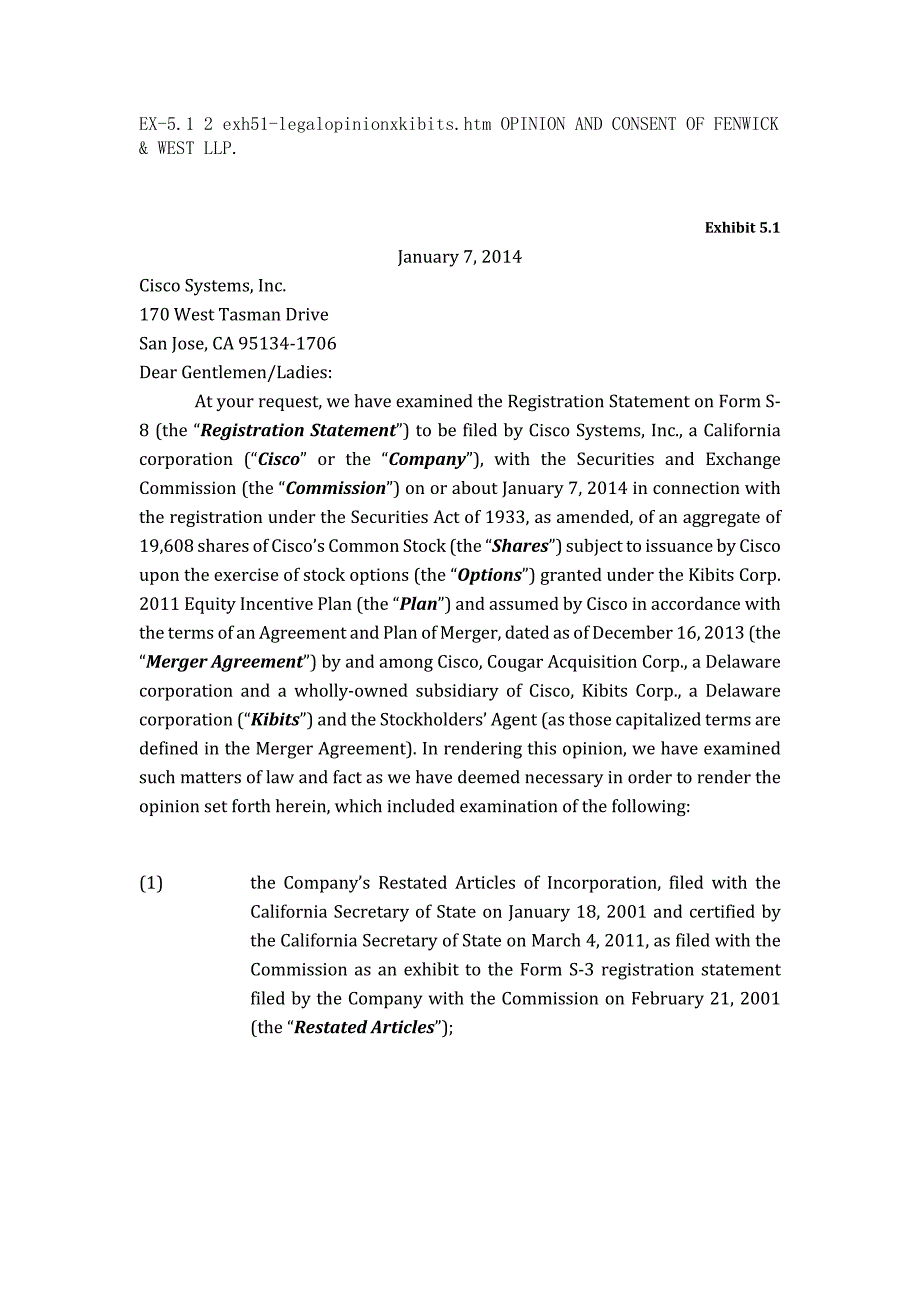 OPINION AND CONSENT OF FENWICK &amp; WEST LLP..docx_第1页