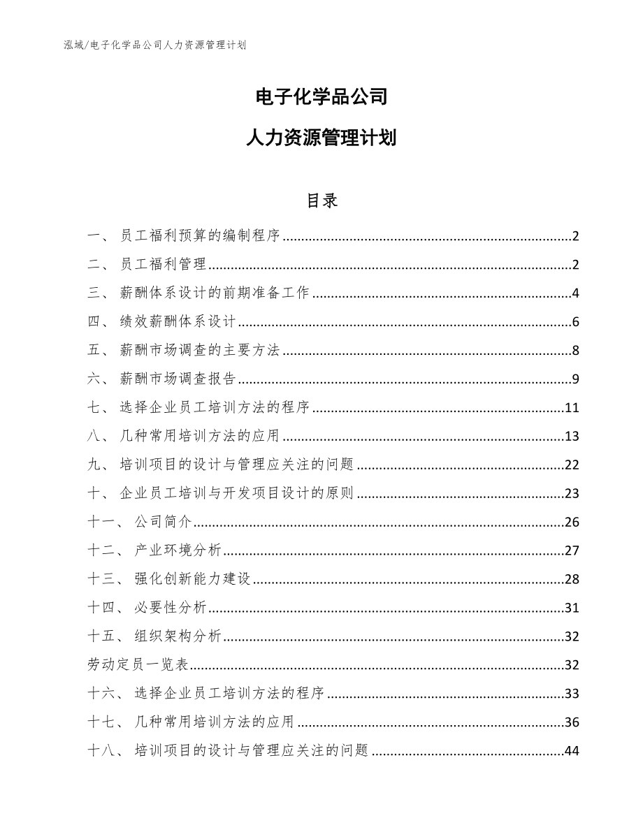 电子化学品公司人力资源管理计划（范文）_第1页