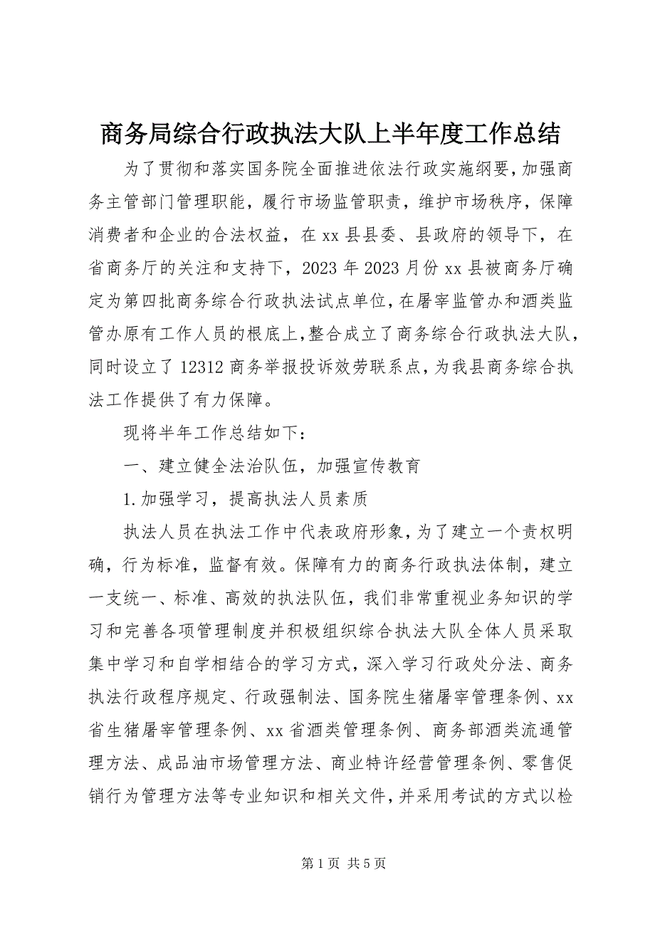 2023年商务局综合行政执法大队上半年度工作总结.docx_第1页