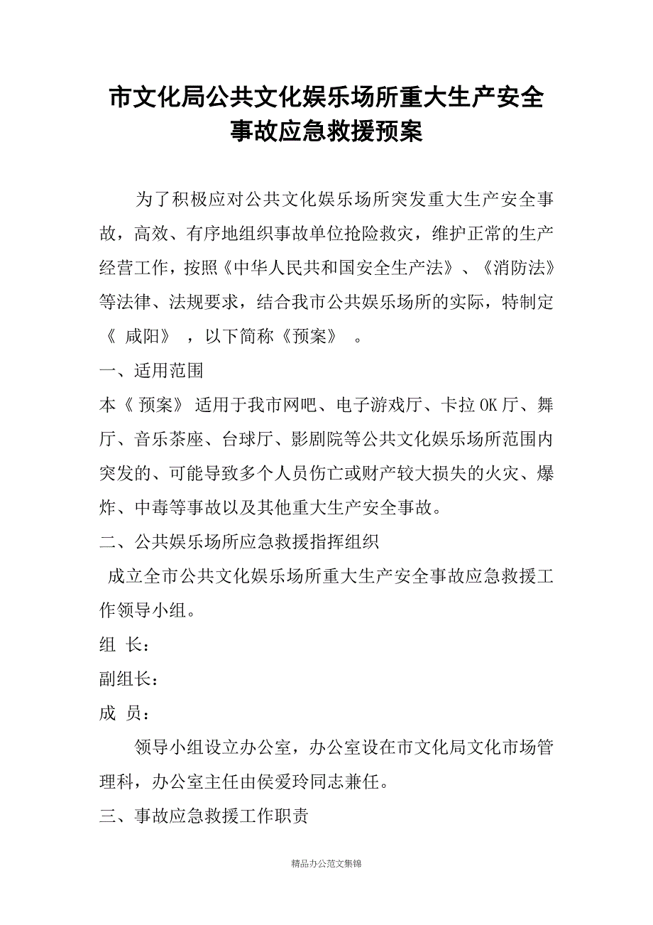 市文化局公共文化娱乐场所重大生产安全事故应急救援预案_第1页