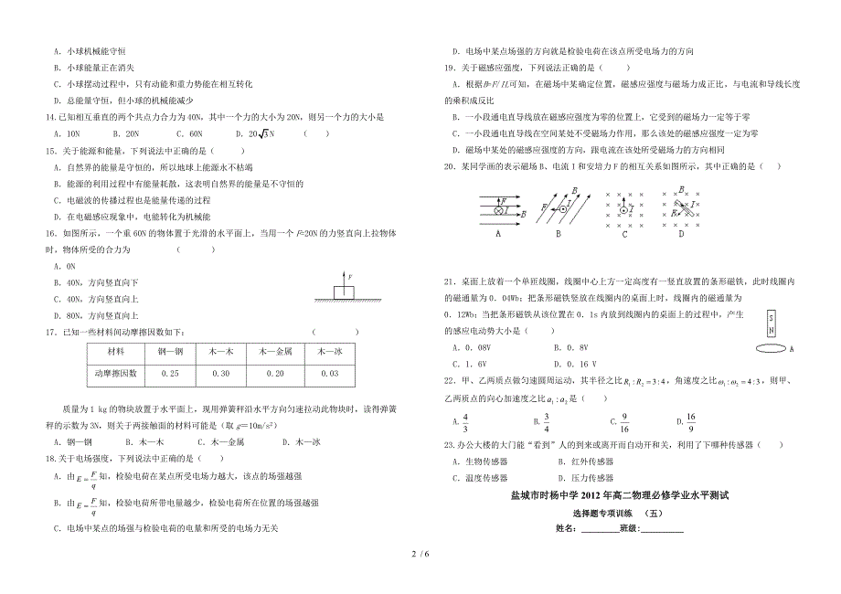 江苏高二物理学业水平选择题专项练习_第2页