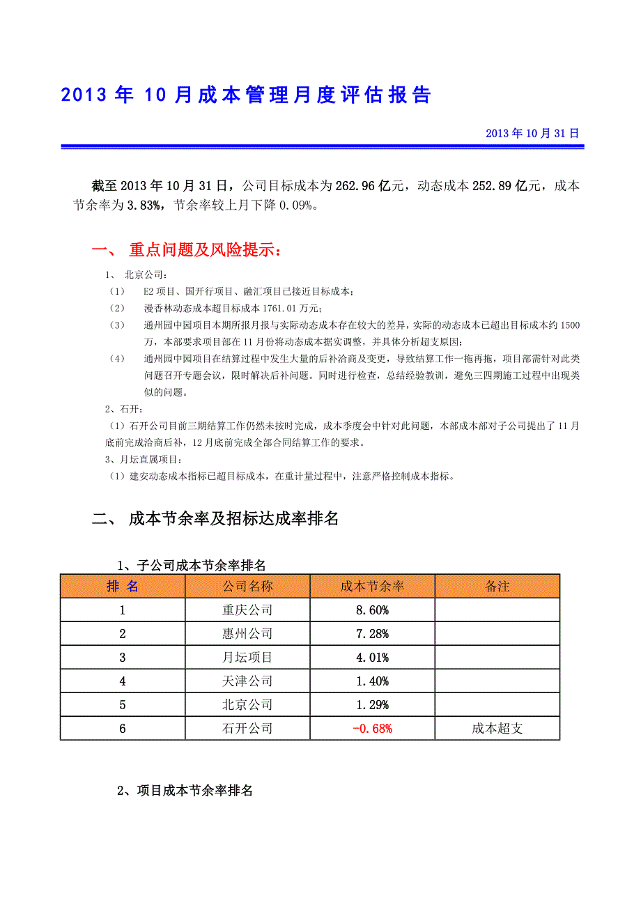 成本管理10月月度评估_第1页