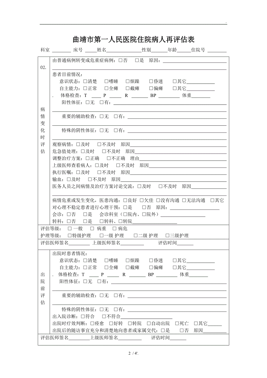 曲靖市第一人民医院住院病人病情评估表_第2页