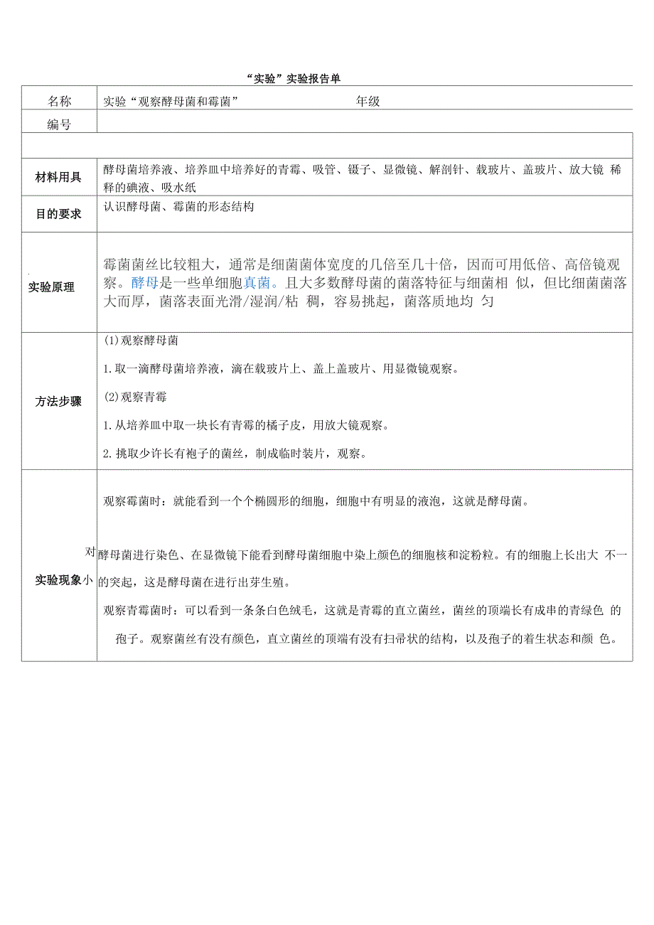 观察酵母菌和霉菌的实验报告单_第1页