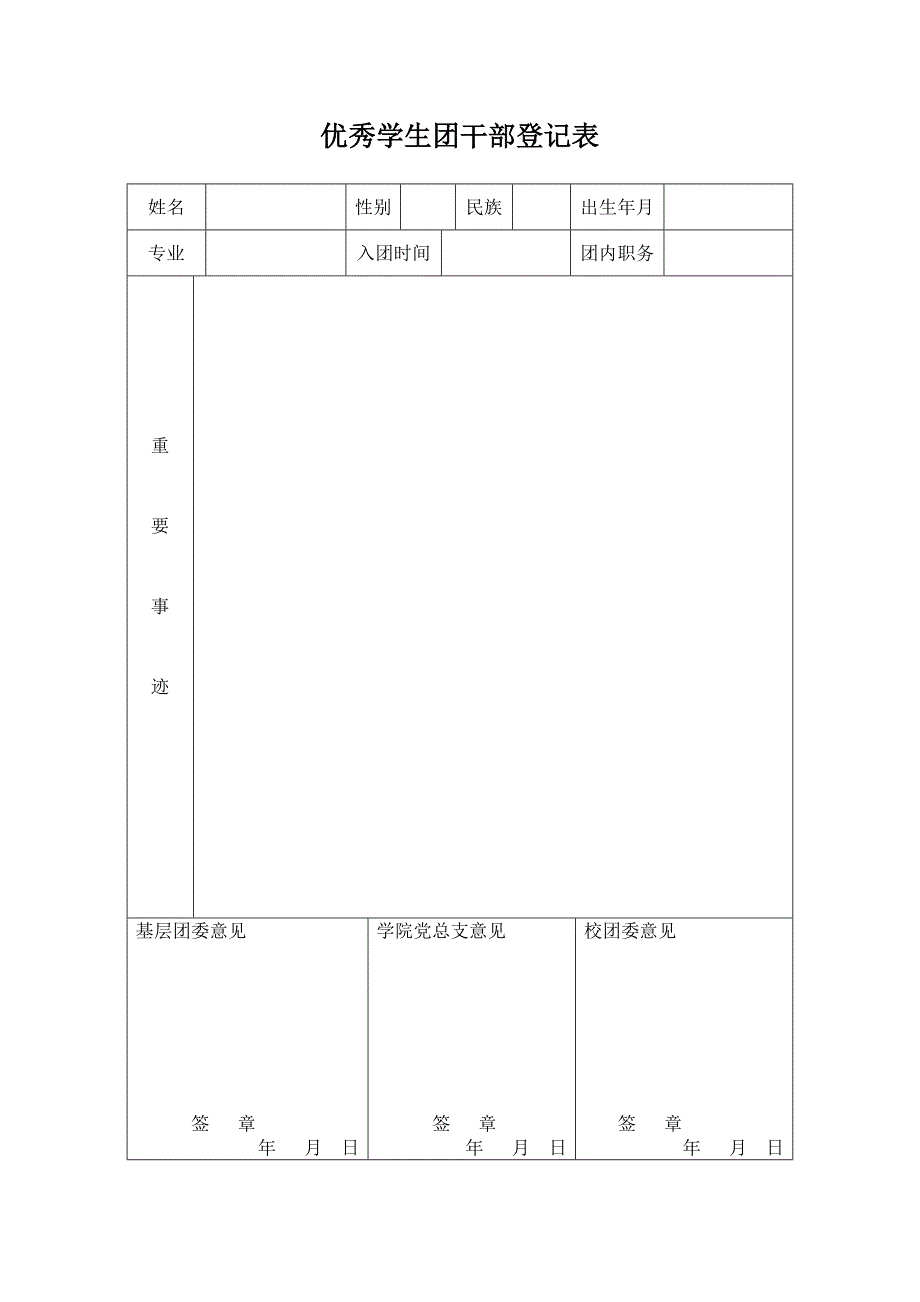 优秀学生团干部登记表_第1页