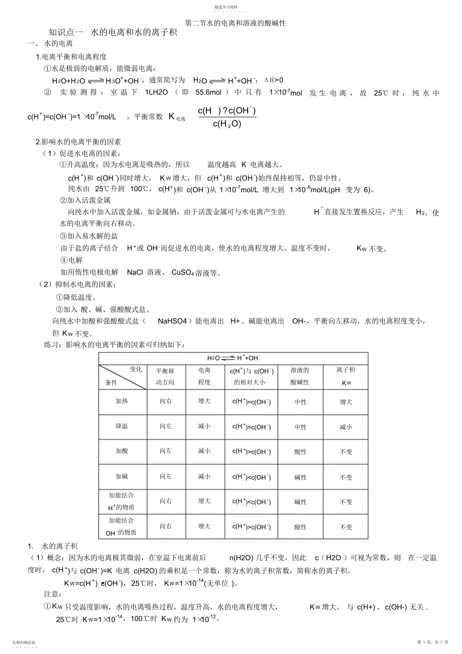 2022年选修4水的电离和溶液的酸碱性知识点总结详细_第1页