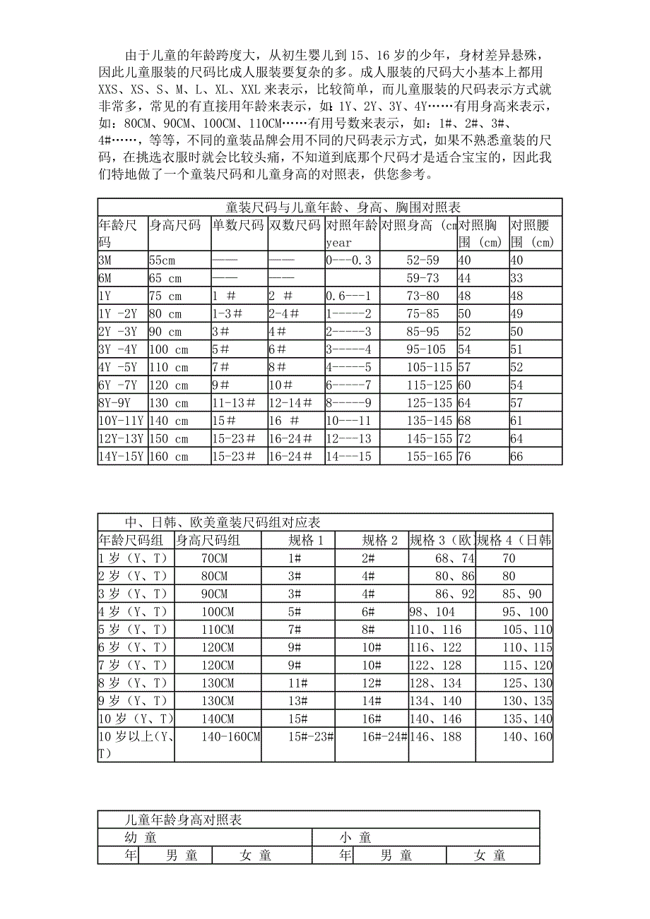 婴儿儿童服装尺码、身高、衣长对照表及计算表_第1页