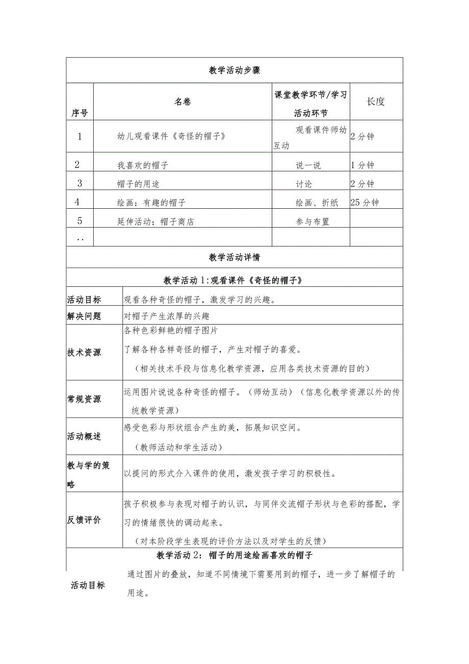 综合活动《有趣的帽子》 教学设计_第2页