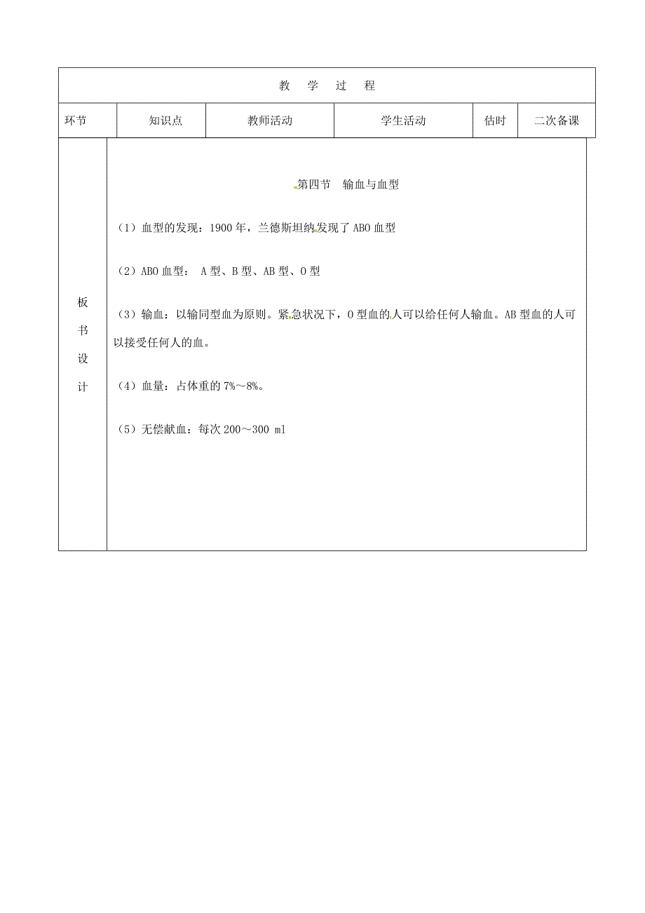 七年级生物下册第四单元第四章第四节输血与血型教案3新版新人教版新版新人教版初中七年级下册生物教案_第2页