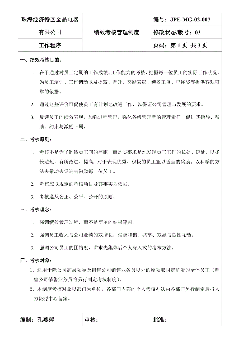 金品电器有限公司绩效考核管理制度(修订版200806)_第1页