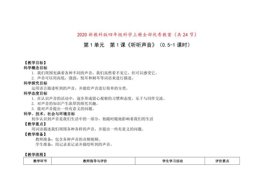 2020新教科版四年级科学上册全部优秀教案（共24节）_第1页