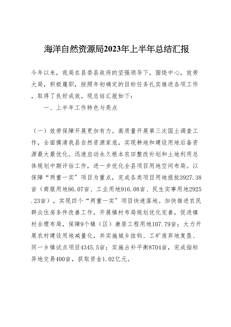 2023年海洋自然资源局年上半年总结汇报（范文）.doc_第1页