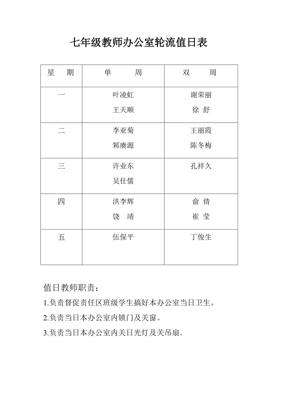 办公室教师轮流值日表_第1页