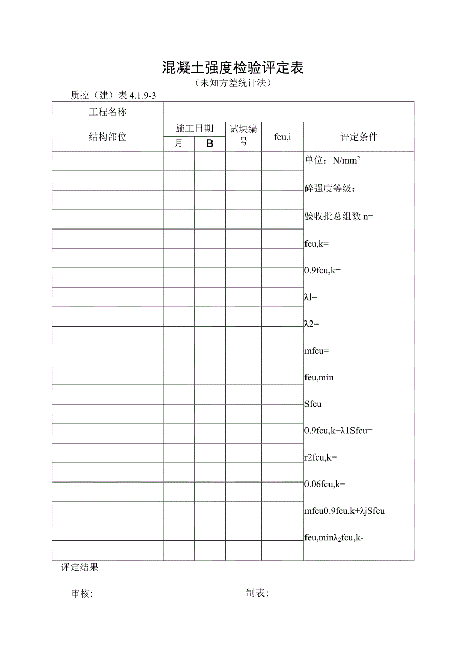 混凝土强度检验评定表（未知方差统计法）_第1页