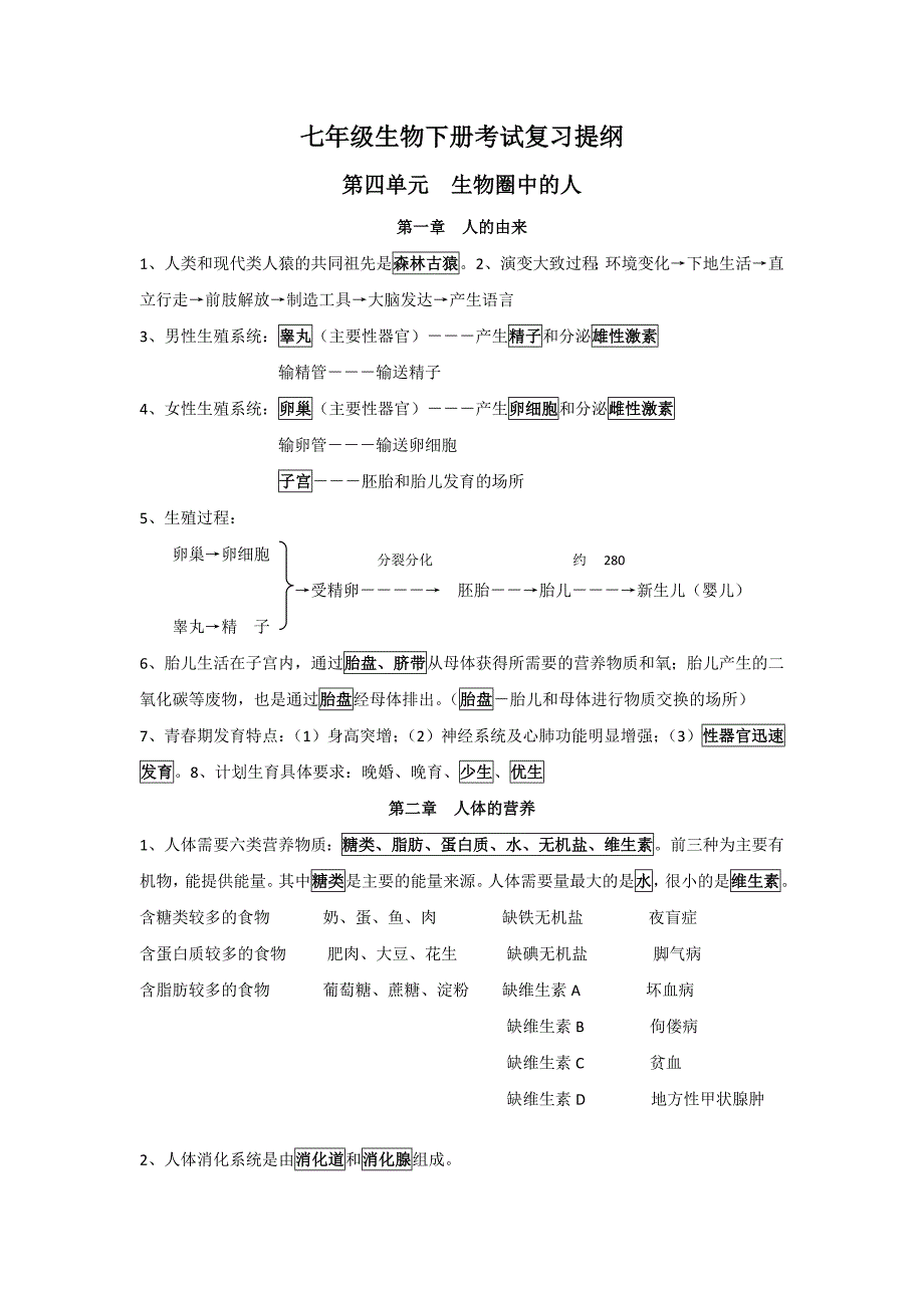 人教版七年级生物下册复习提纲_第1页