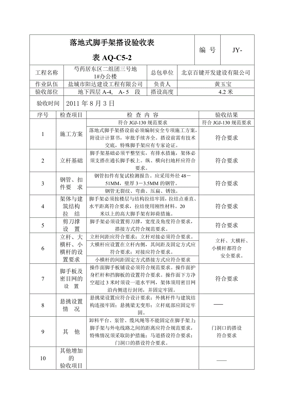 落地式脚手架搭设验收表.doc_第1页