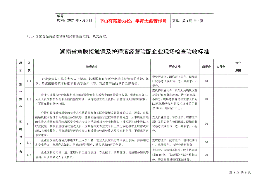 湖南省角膜接触镜及护理液经营验配企业现场检查验收标准_第3页