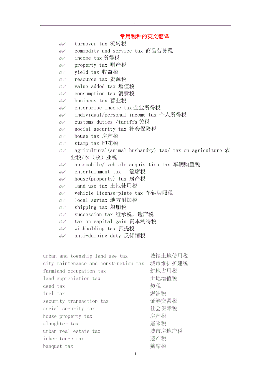 常用税种的英文翻译(DOC)_第1页