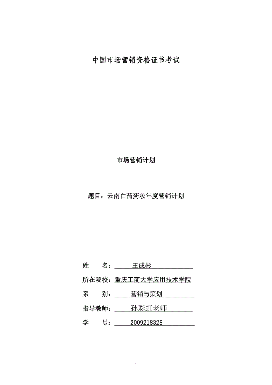 云南白药药妆营销计划_第1页