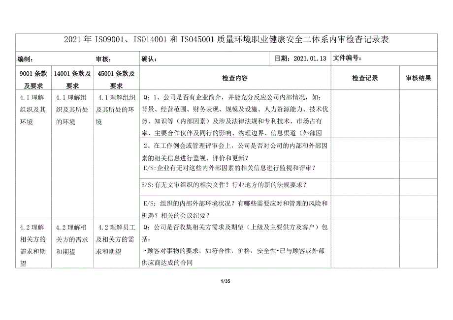 2021年ISO9001、ISO14001和ISO45001质量环境职业健康安全三体系内审检查记录表_第1页