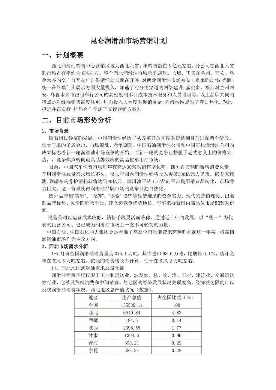 昆仑润滑油市场营销计划.doc_第1页