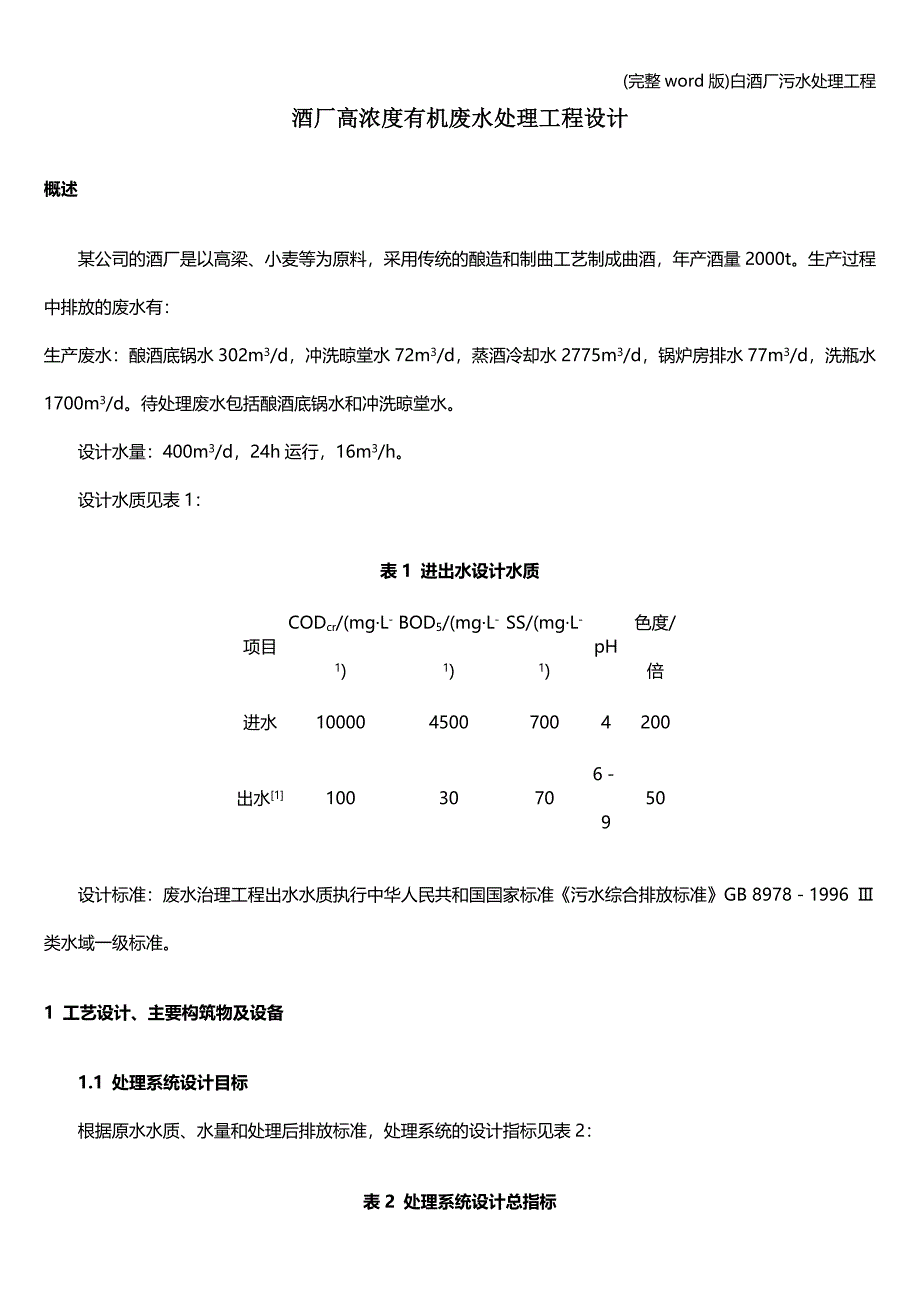 (完整word版)白酒厂污水处理工程.doc_第1页