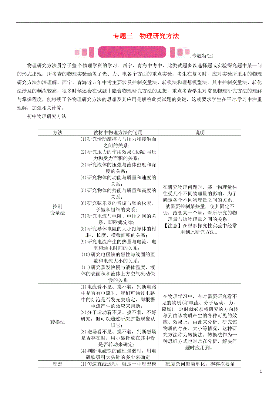 中考物理命题研究 第二编 重点题型专题突破篇 专题三 物理研究方法试题1_第1页