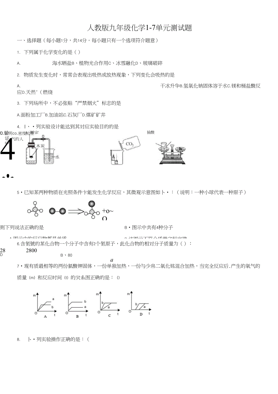 (完整word版)人教版九年级化学1-7单元测试题_第1页