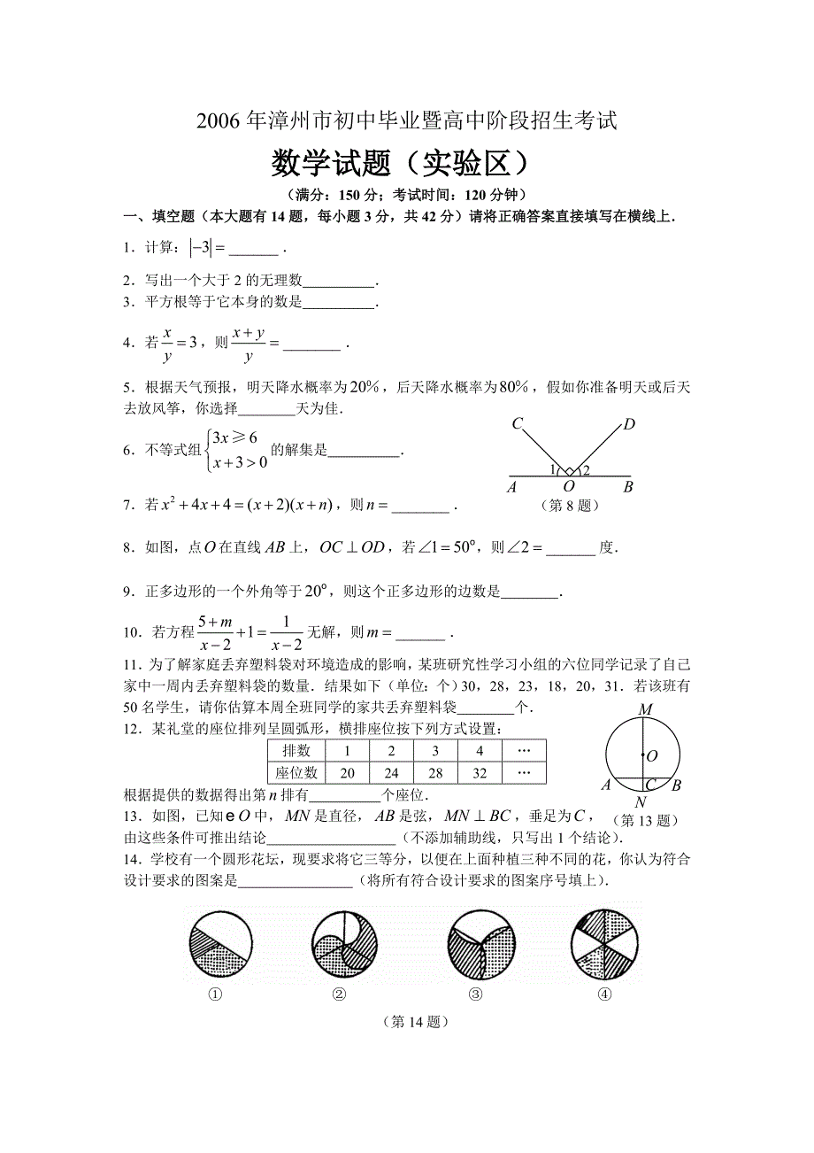 2006年漳州市初中毕业暨高中阶段招生考试数学试题（实验区）.doc_第1页