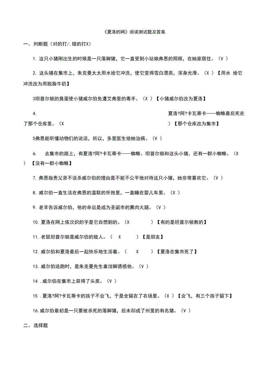 夏洛的网阅读测试题及答案_第1页