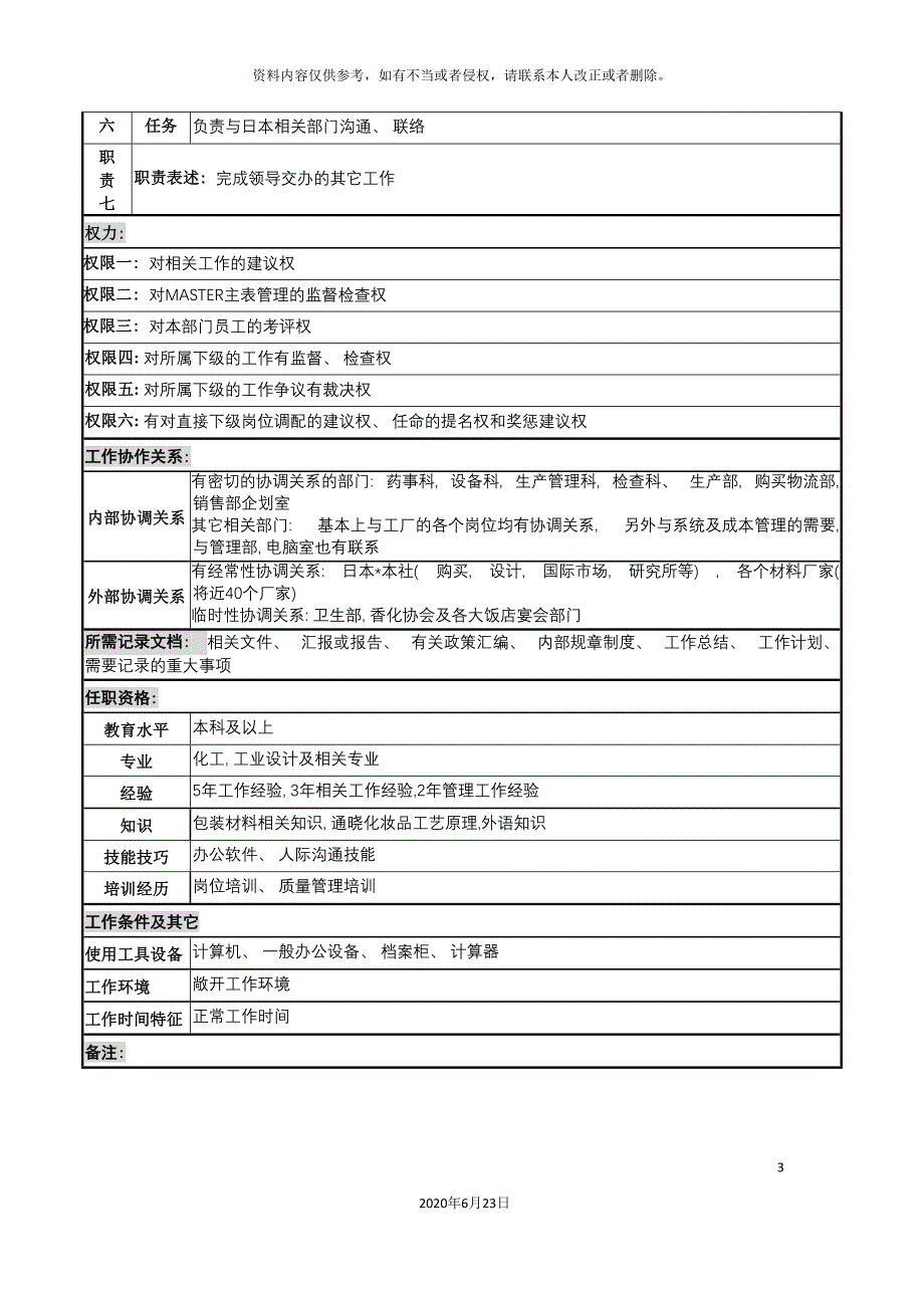 化妆品公司技术科主管岗位说明书.doc_第3页