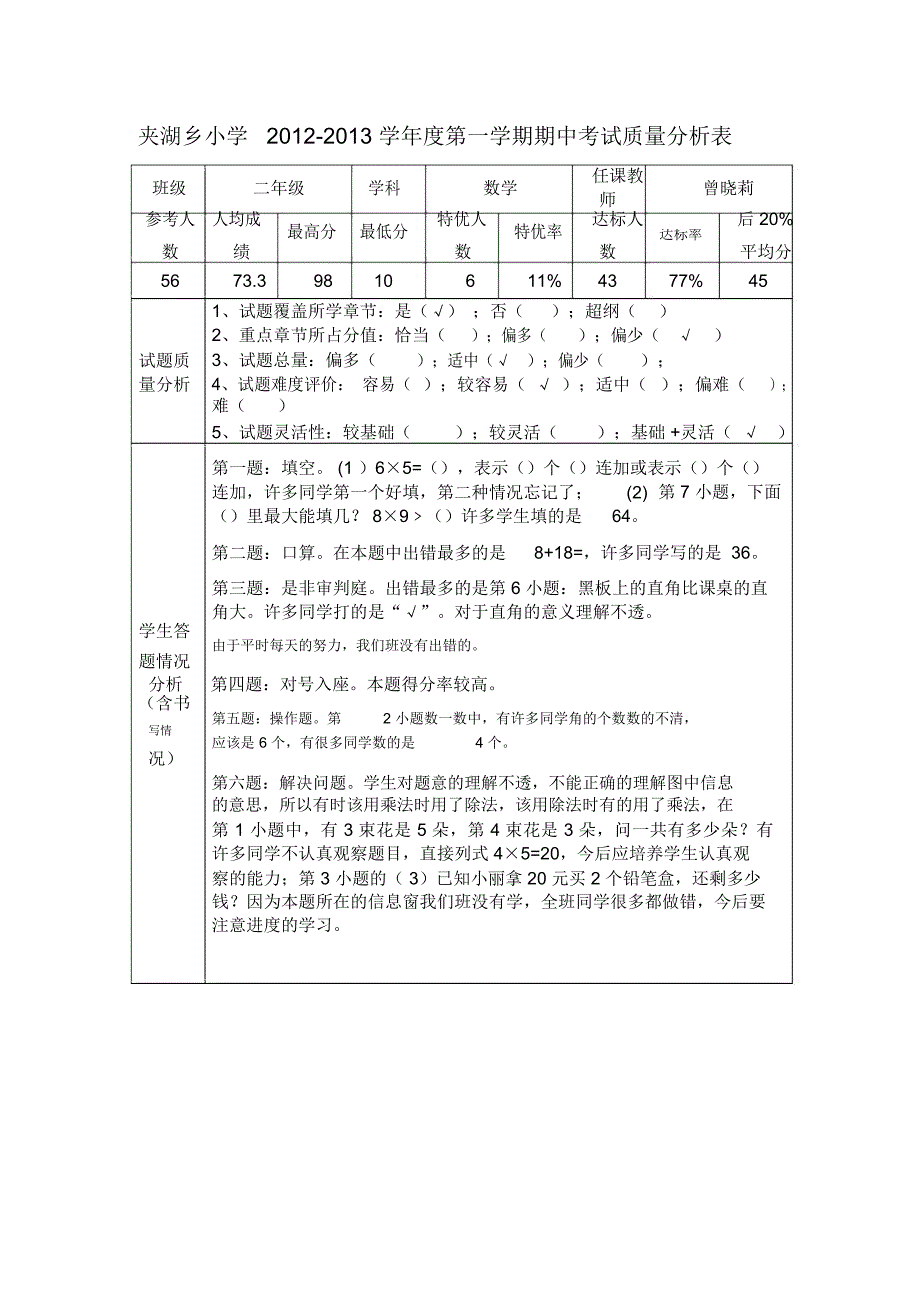 二年级数学2012-2013度第一学期期中考试质量分析表说课材料_第1页