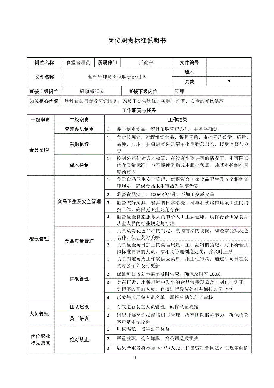 食堂管理员岗位职责说明书_第1页