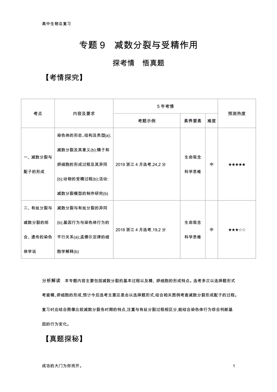 浙江版高考生物总复习专题9减数分裂与受精作用（试题练）教学讲练_第1页