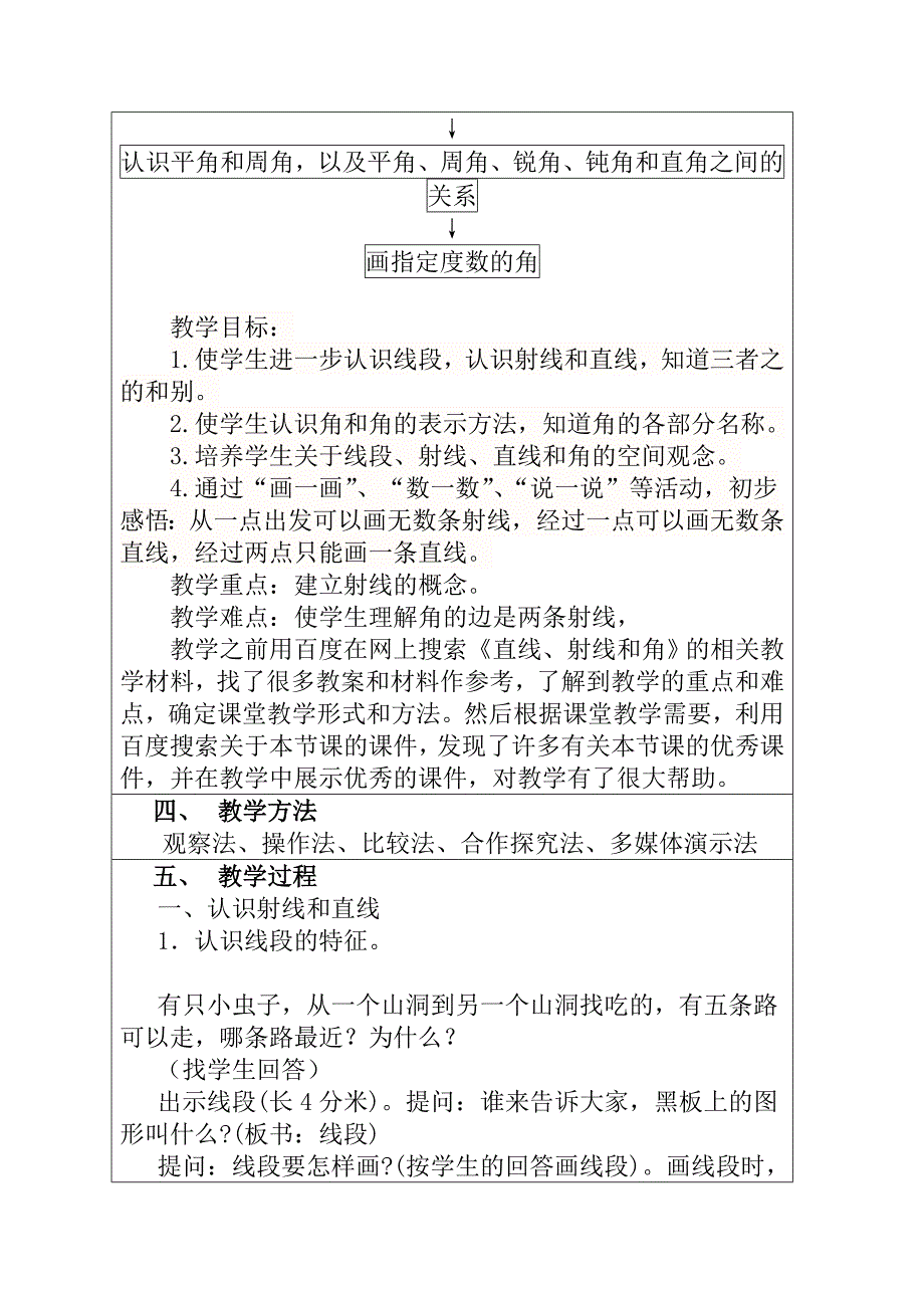 人教版小学数学四年级上册直线射线和角教学设计_第2页