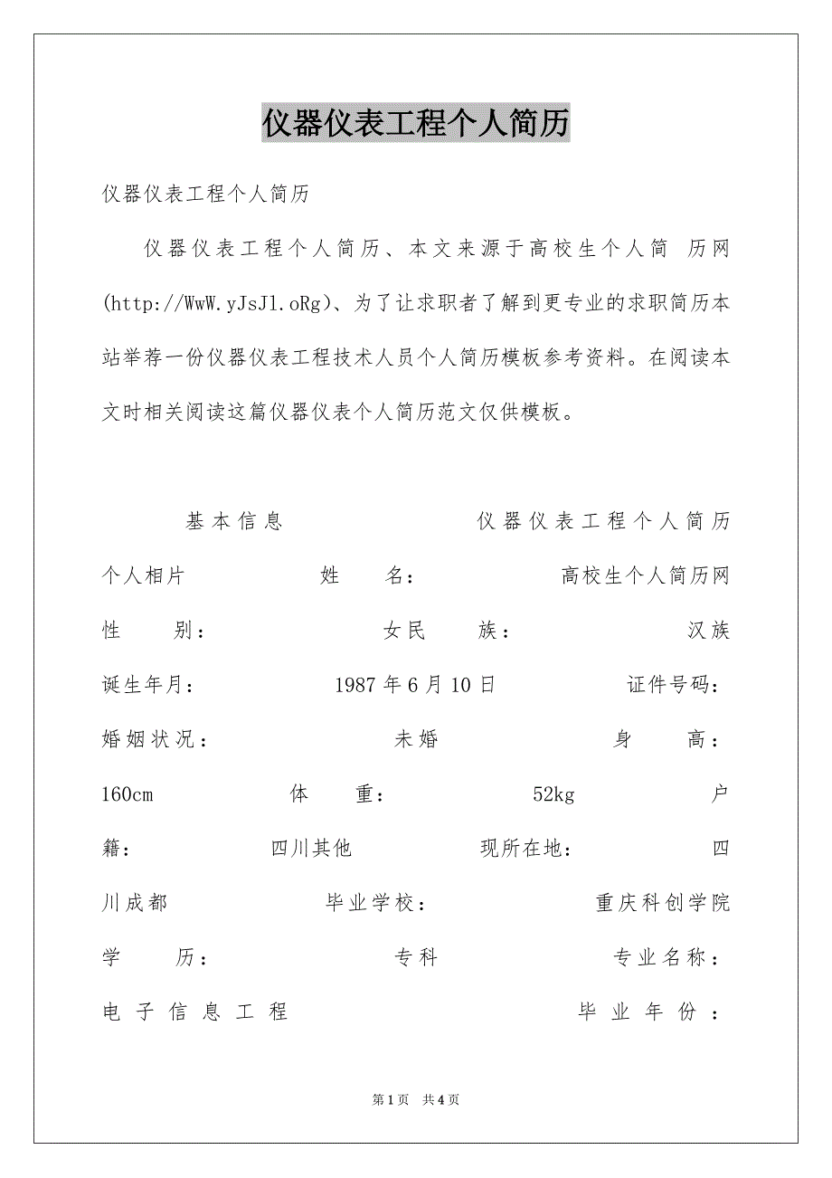 仪器仪表工程个人简历_第1页