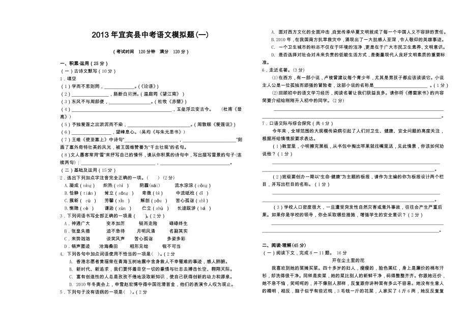 2013年宜宾县中考语文模拟题(一)