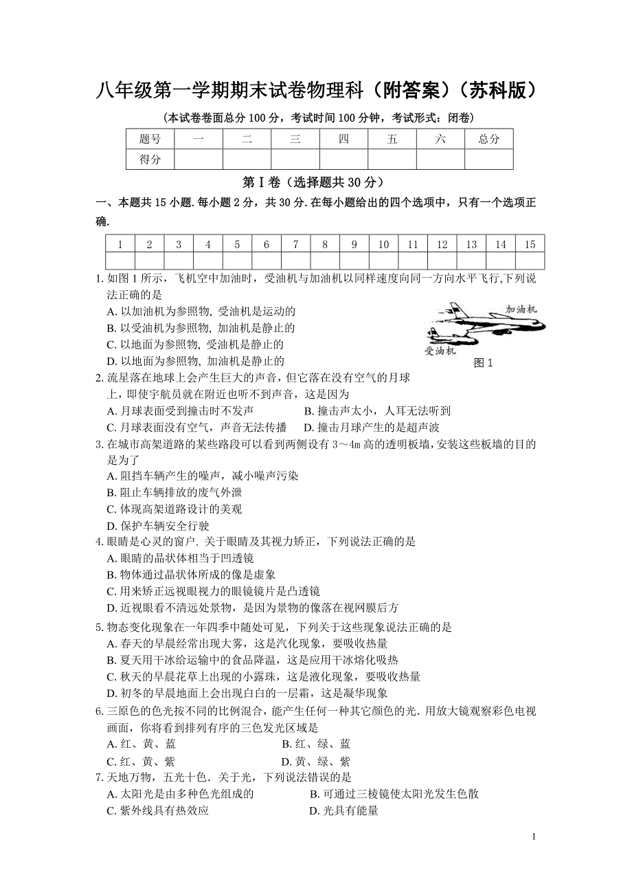 八年级第一学期期末试卷物理科（苏科版）_第1页