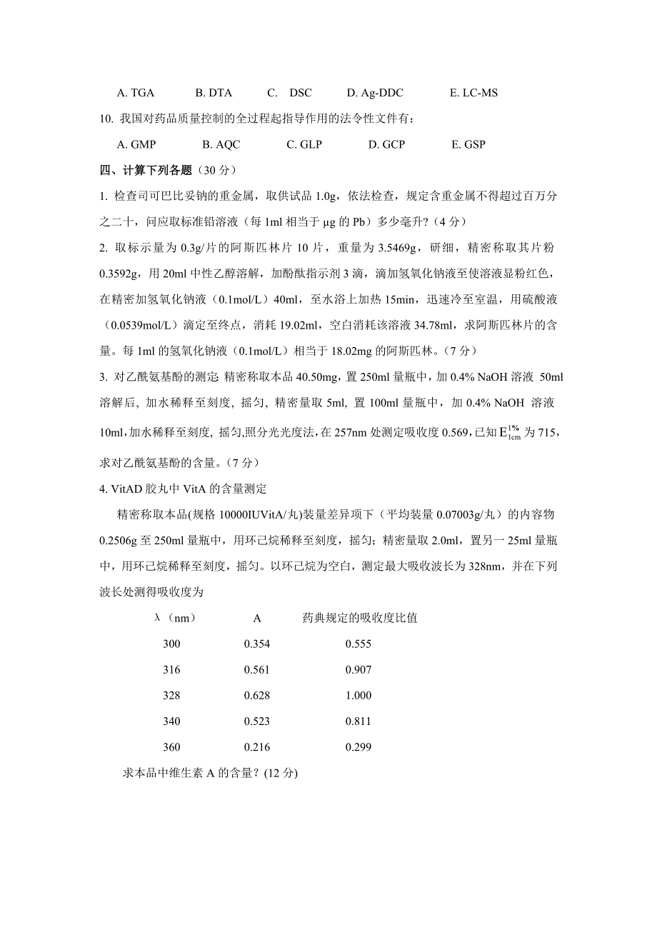 药物分析考试试题(专科)A卷-山东大学药学院.doc_第4页