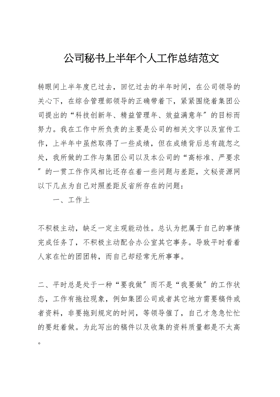 2023年公司秘书上半年个人工作总结材料.doc_第1页