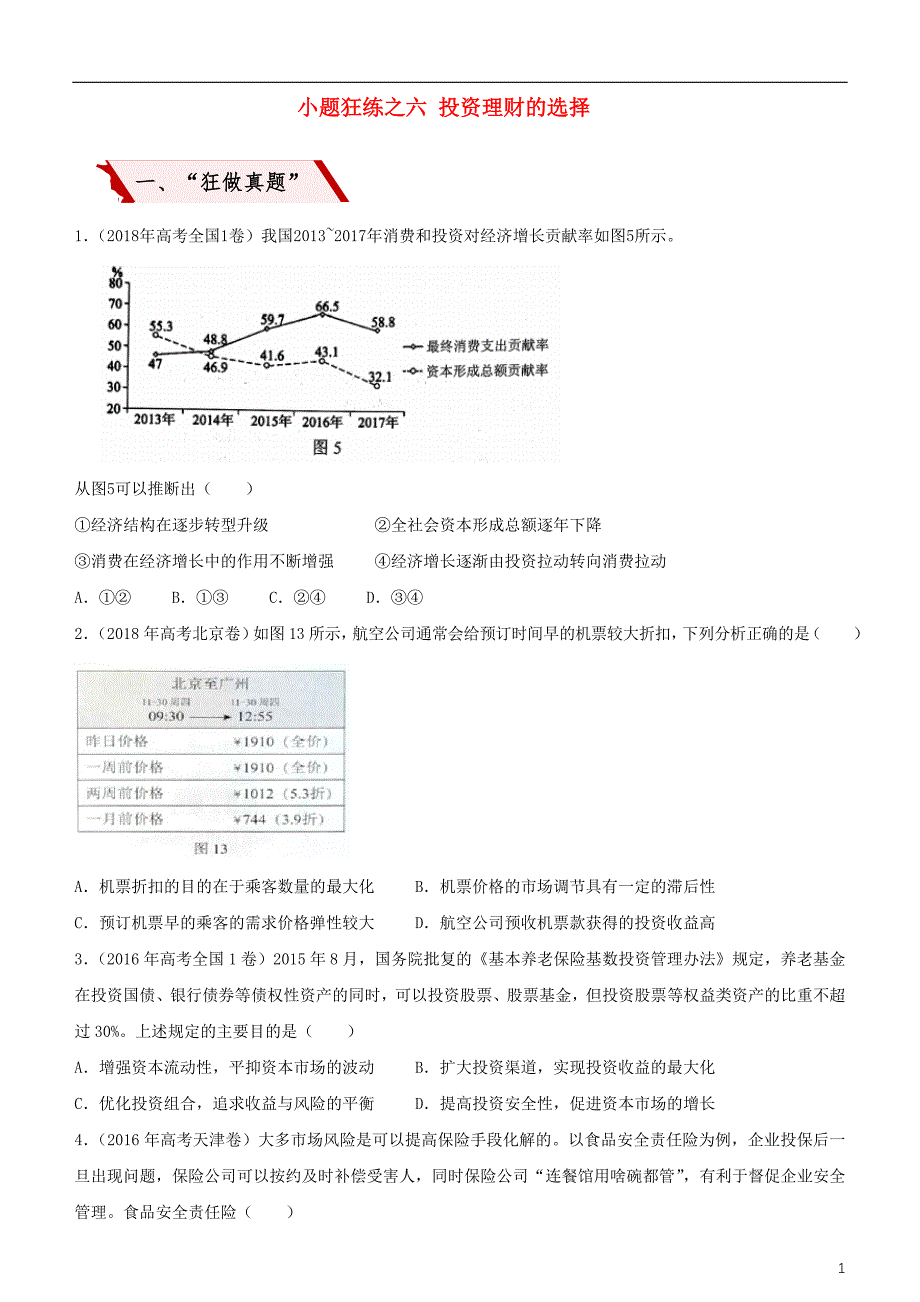 2019高考政治二轮复习 小题狂练之六 投资理财的选择（含解析）_第1页