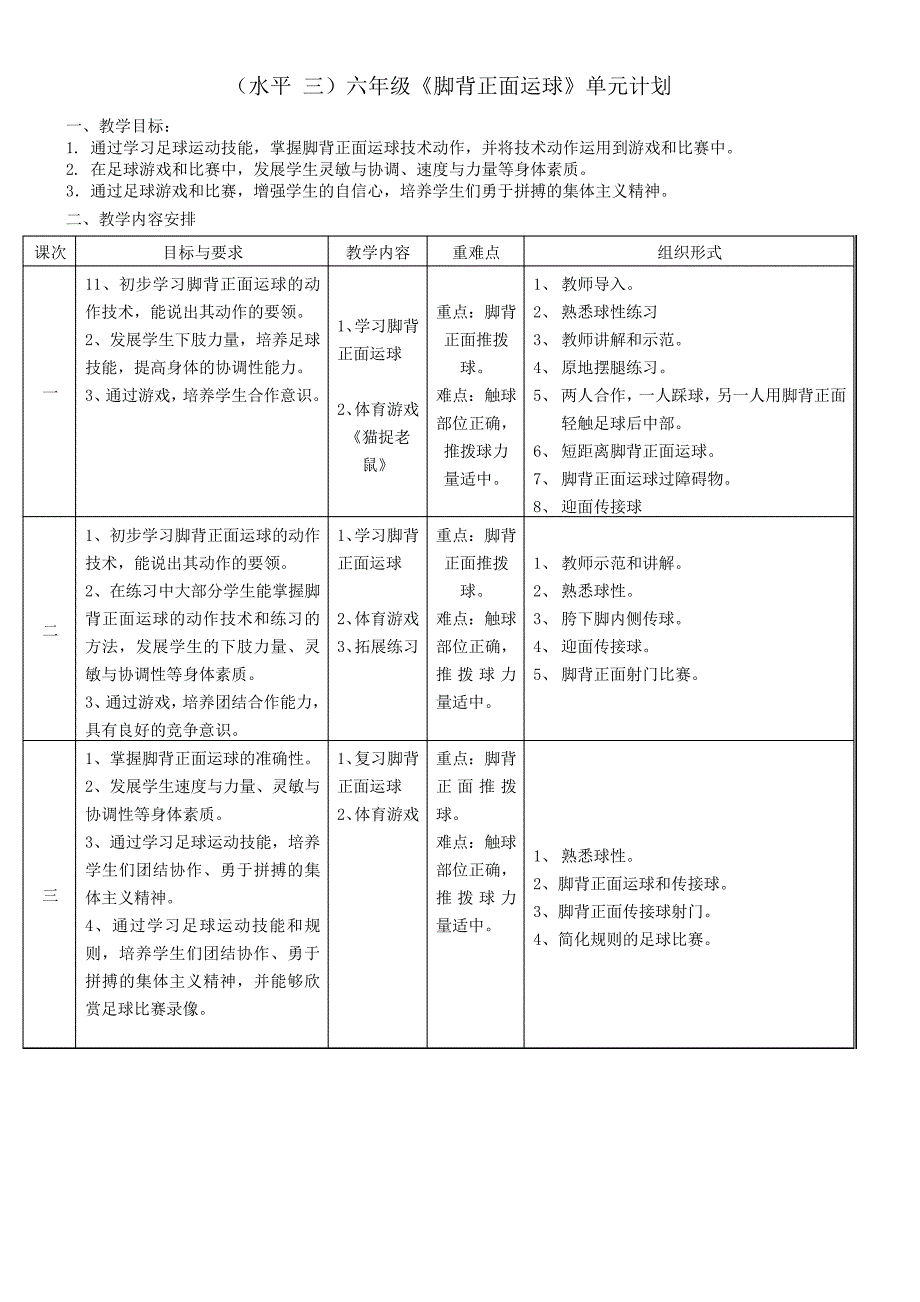 (水平 三)六年级《脚背正面运球》单元计划020449_第1页